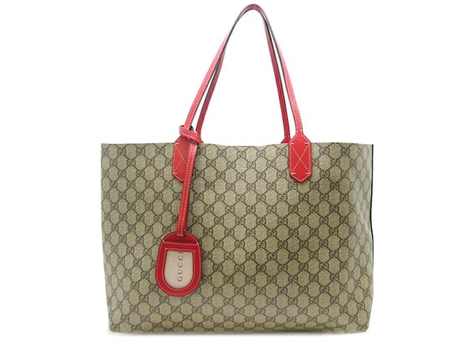 Gucci Reversible Medium Tote Bag Red Beige Leather Cloth Plastic ref.1611810 Joli Closet