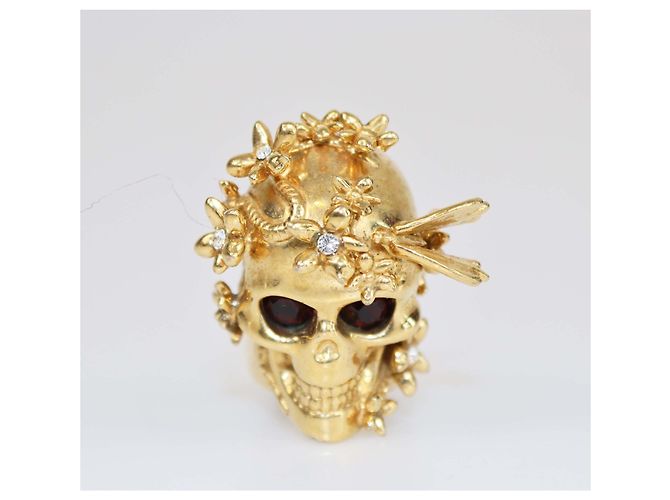 Anel de caveira em tom dourado com borboleta e flor Alexander McQueen Tamanho 56