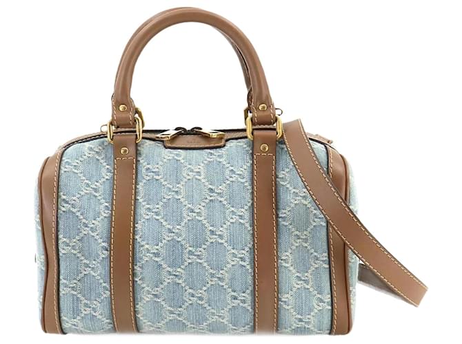 Gucci GG Denim 2way Boston Shoulder Bag Brown Blue Leather Gucci GG Denim 2way Boston Shoulder Bag Brown Blue Leather