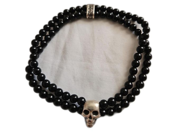 Autre Marque Pulseira de contas de duas fileiras Northskull Ônix Negro e Prata Preto