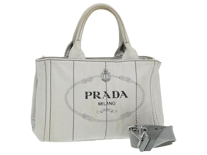 PRADA Canapa PM Hand Bag Canvas 2way Gray Silver Auth 87440 Brown  