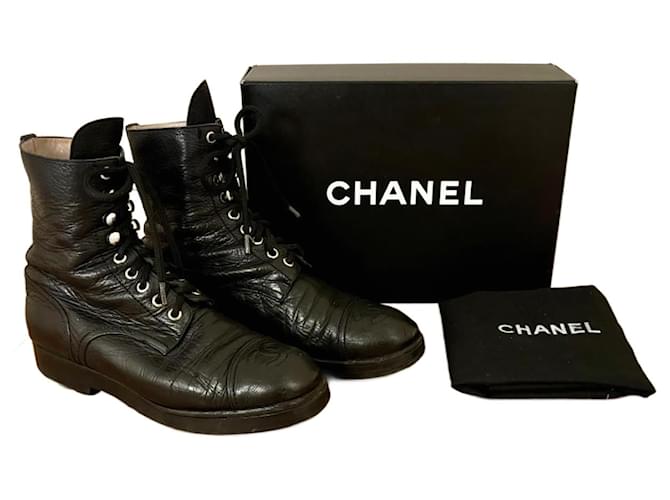 Boots Chanel 1990 s Chanel High Ankle Lace Up Boots CC Logo Stitched On The Toes