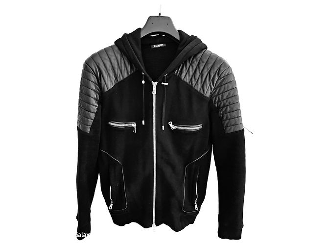 Balmain Schwarzer Baumwollpullover mit Kapuze und Lammleder