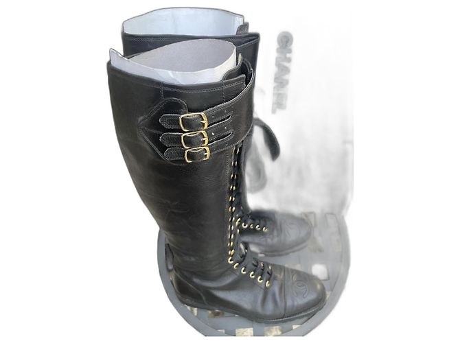 Chanel Black Leather Lace Up Flat Boots Size 36