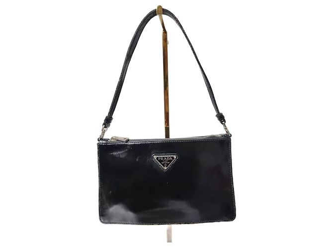 PRADA Mini Borsa a Spalla in Pelle Verniciata Nera Blu