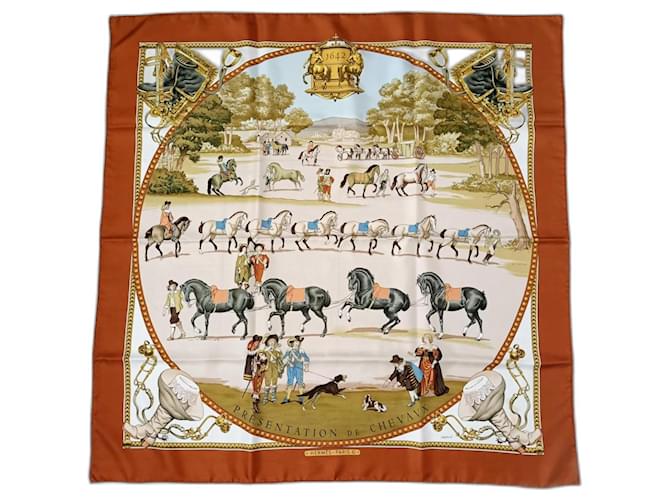 Philippe Ledoux Hermès carré Présentation de Chevaux Soie Marron Multicolore  ref.1614374