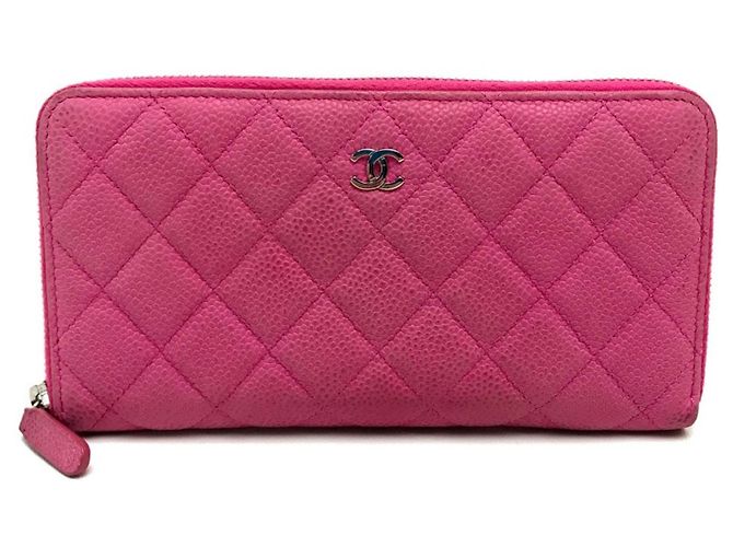 Cartera larga de cuero caviar rosa Chanel