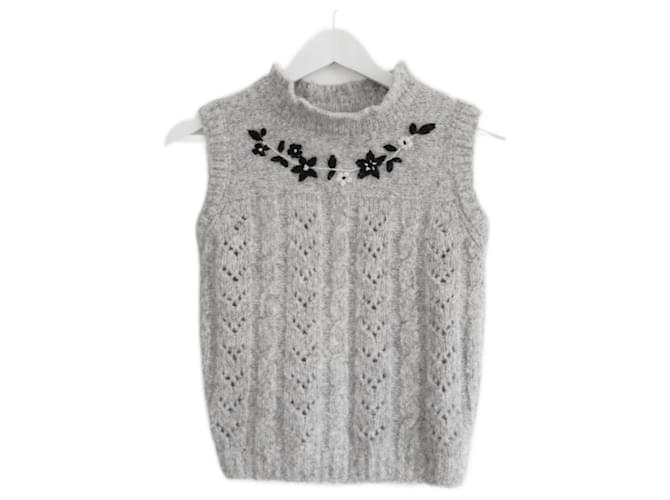 Autre Marque Batsheva Floral Embroidered Alpaca Tank Top Grey Wool  ref.1621958
