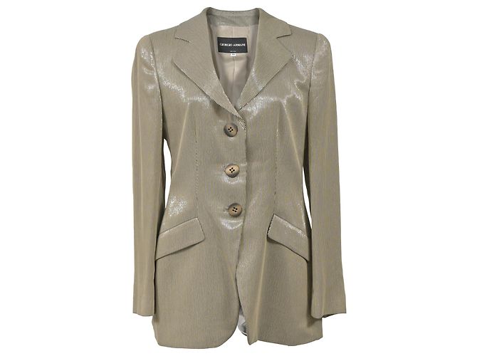 Giorgio Armani Sheered Stripe Single-Breasted Blazer in Beige Polyester