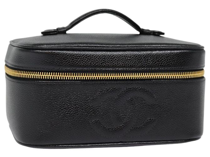 CHANEL COCO Marca Neceser Vanity Piel Caviar Negro Oro CC Auth bs17155 Dorado