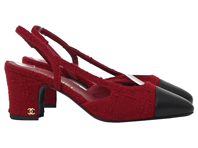 Timeless Chanel CC Tweed Slingback Pumps in Red Wool