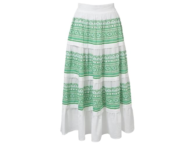 Maje Tiered Embroidered Midi Skirt in White and Green Cotton ref.1625988 Joli Closet