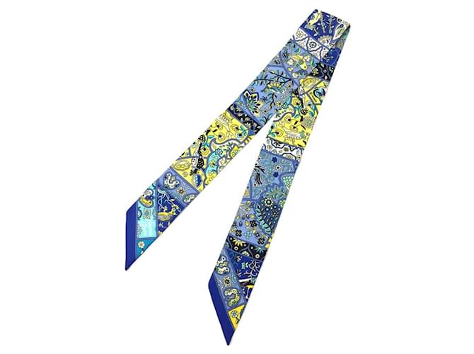Hermès Hermes Twilly Scarf Muffler Au Pays Des Oiseaux Fleurs Blue Yellow Turquoise Silk  ref.1629180