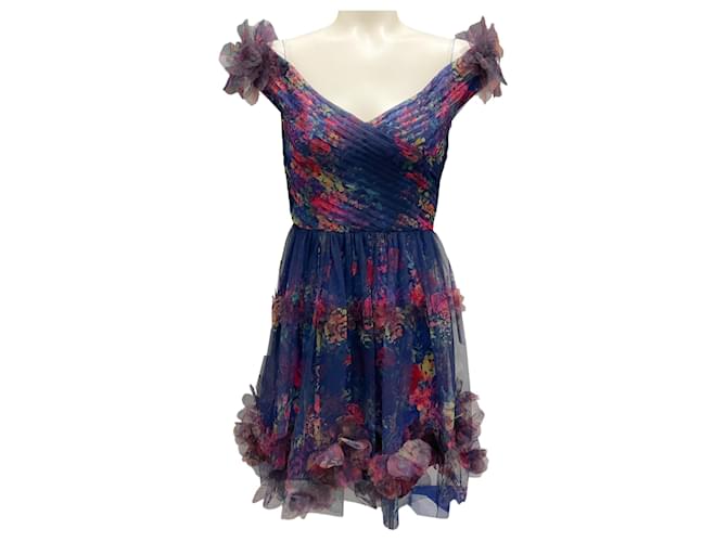 Autre Marque Marchesa Notte Navy Blue Multi Watercolor Garland Mini Dress Polyester  ref.1629687