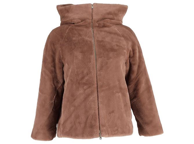 Herno Faux Fur Hooded Jacket in Brown Polyester Red