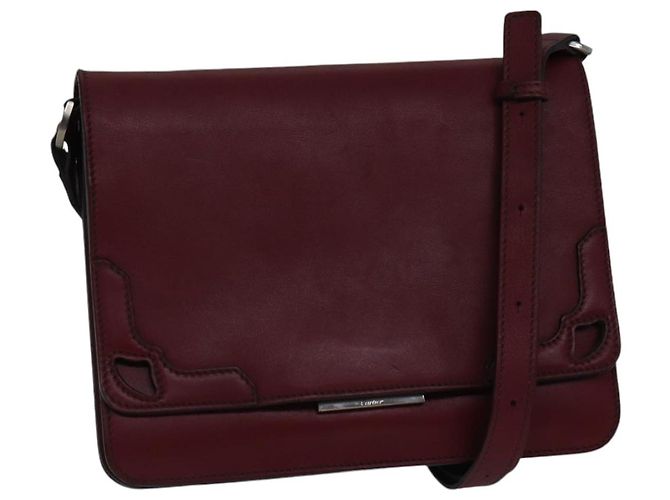 Cartier Bolsa de ombro em couro Bordeaux Auth ki4906