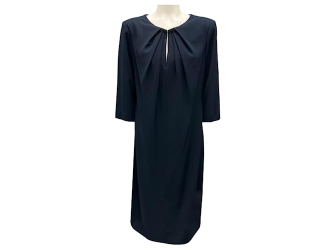 Autre Marque Armani Collezioni Navy Blue 2015 Three-Quarter Sleeved Keyhole Crepe Dress Polyester  ref.1632966