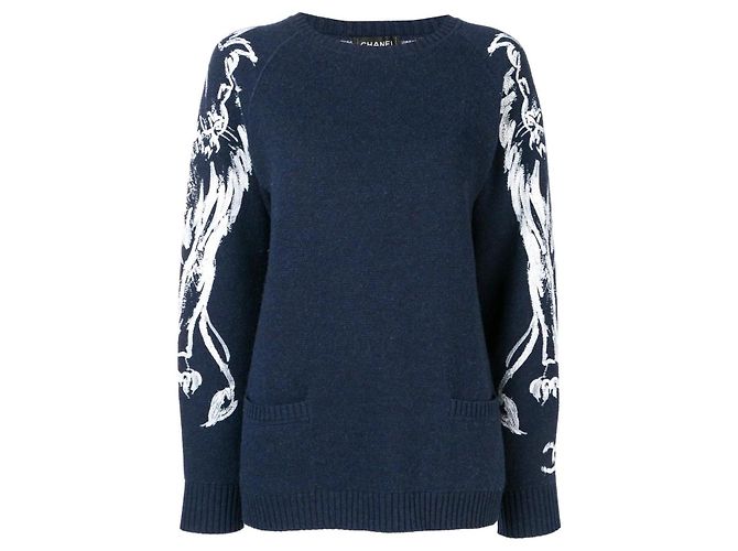 Pull en cachemire avec logo CC de Chanel et lion Bleu Marine