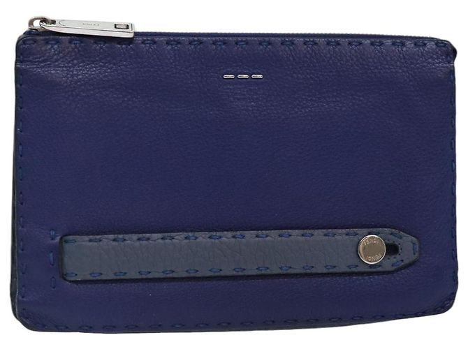 FENDI Clutch Tasche aus Leder Blau Silber Auth bs17465