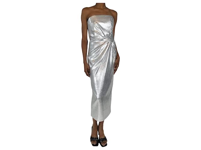 Autre Marque Silver strapless knotted sequined crepe midi dress - size UK 6 Silvery Polyester  ref.1636458