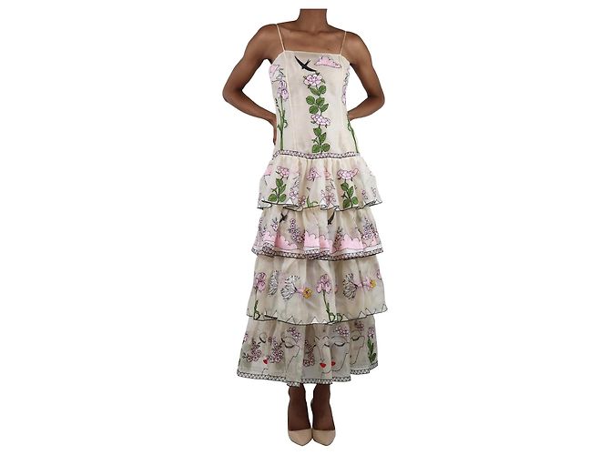 Autre Marque Creme floral besticktes Satin-Midikleid - Größe UK 6 Roh