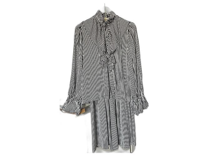 Completo Gonna e Camicia Christian Dior in Seta a Righe Nero Bianco