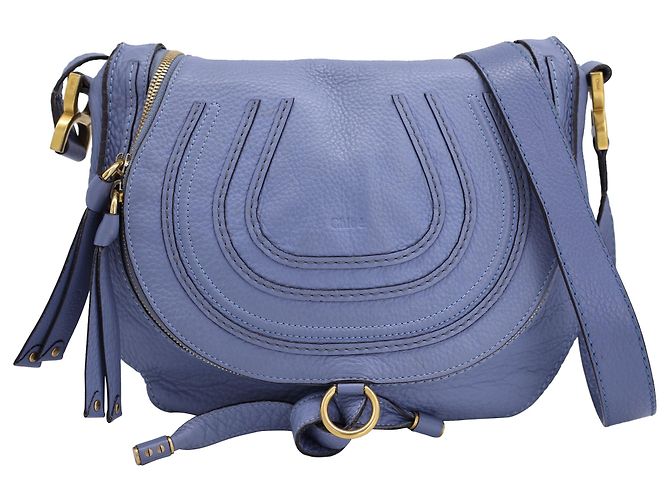 Chloé Medium Marcie Saddle Bag in Blue Grained Leather