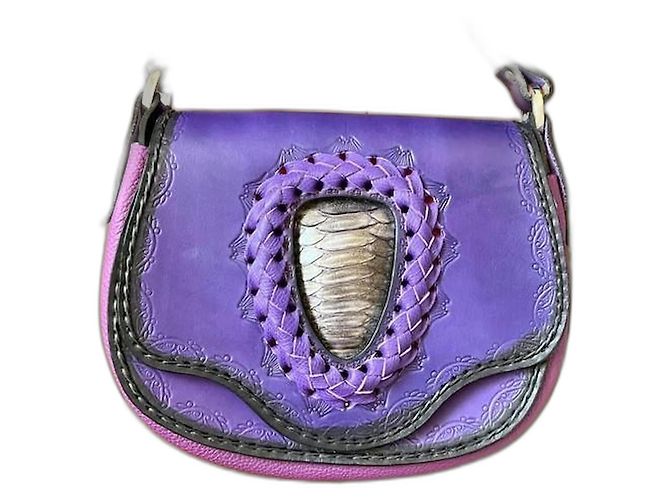 Autre Marque Bolsa de couro artesanal roxa e laranja com couro exótico Prata Roxo Roxo escuro
