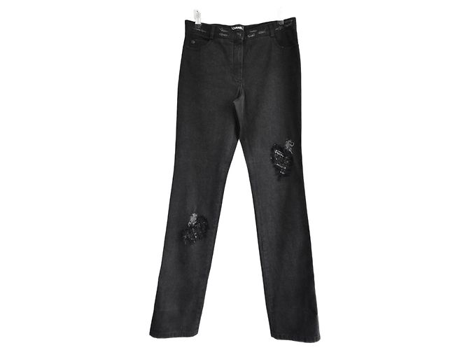Chanel Resort 2006 06C Sequin Distressed Patchwork Jeans Black