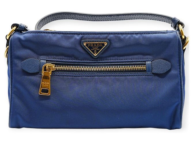 Borsa a spalla in nylon blu Prada
