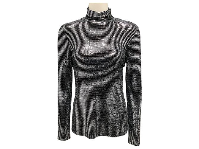 Prabal Gurung Black / Silver Mirrored Long Sleeved Turtleneck Top Silvery