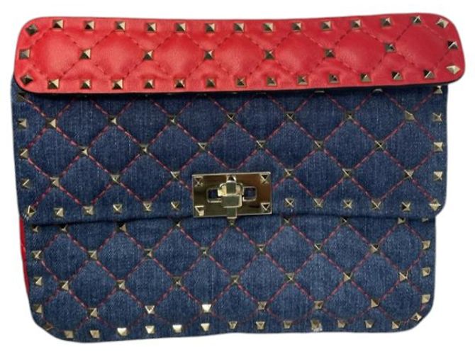 Valentino Garavani Bolsa Rockstud spike em jeans e couro vermelho Azul escuro