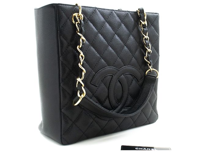 Bolsa de compras CHANEL Caviar PST com corrente, preta acolchoada Preto