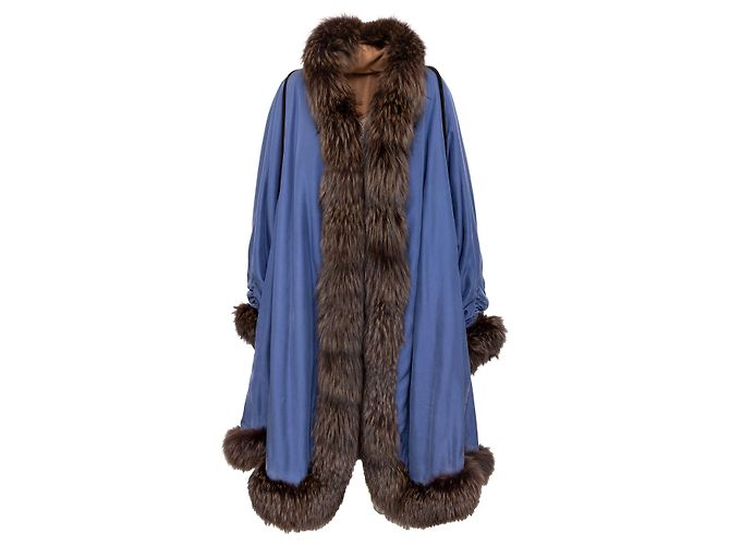 Autre Marque Collection Privée Open Front Coat with Fur Blue