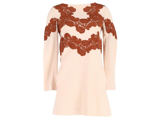 Chloé Vestido Mini em Lã Bege com Renda Marrom