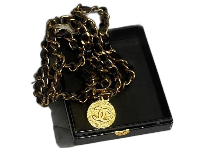 Vintage CHANEL Kettengürtel oder Halskette von 1982, Coco-Marke, gold Schwarz Gold hardware