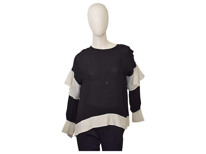 Autre Marque Blusa Olivia Palermo de seda preta e marfim com mangas com babados Preto