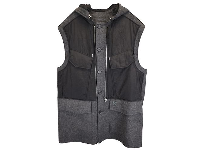 Kenzo K Patch Button Down Hooded Vest Jacket in Grey and Black Wool and Nylon