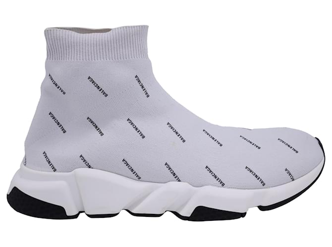 Day Balenciaga Speed All Over Logo Knitted High-Top Sneakers in White Polyester  ref.1643153