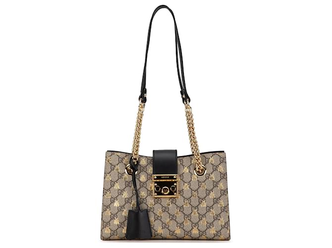 Gucci Brown Small GG Supreme Bee Padlock Tote Beige Cloth Cloth ref.1643319 Joli Closet