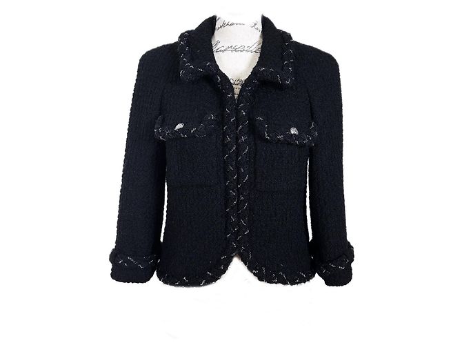 Chanel Iconic Chain Trim Black Tweed Jacket