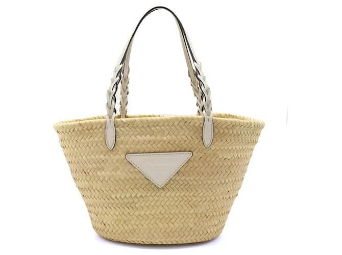 Prada Woven Palm Leather Tote Bag 1BG314 White ref.1656842