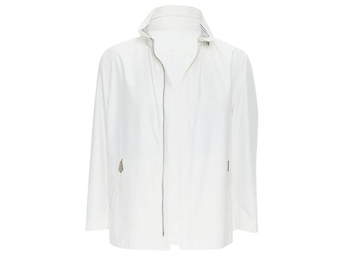 Hermès HERMES white outer leather zip pull striped cotton hooded anorak jacket