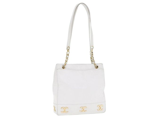 Bolso de hombro de cadena CHANEL de piel de ternera blanco oro CC Auth bs17674 Dorado