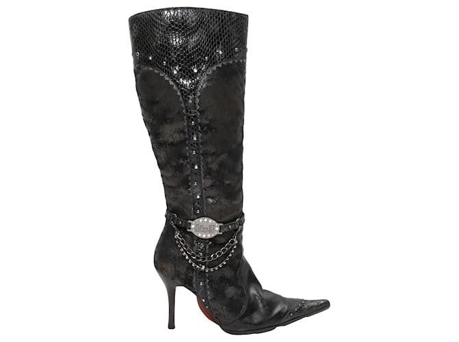 Autre Marque Black 1 To 3 Leather & Snakeskin Pointed-Toe Knee-High Boots Size 38  ref.1663043