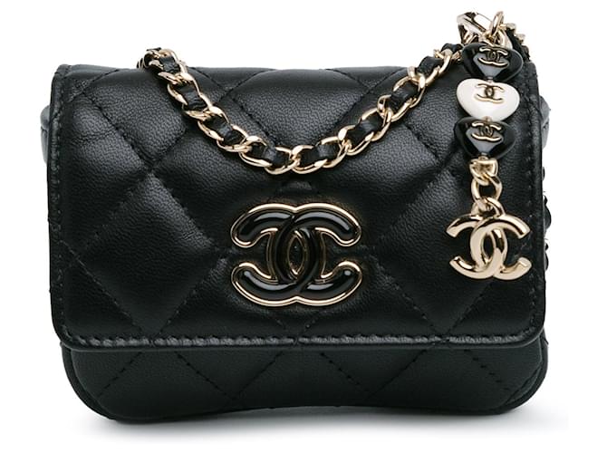 Porte cartes en cuir d agneau noir Chanel CC avec chaine pour epaule ref.1663371 Joli Closet