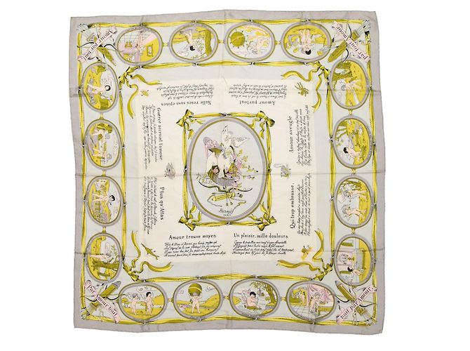 Hermès Foulard in seta stampato Hermes Les Amours grigio e multicolore