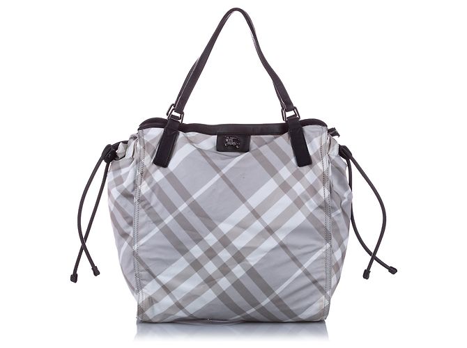Bolsa tote de nylon Burberry Mega Check cinza com fivela