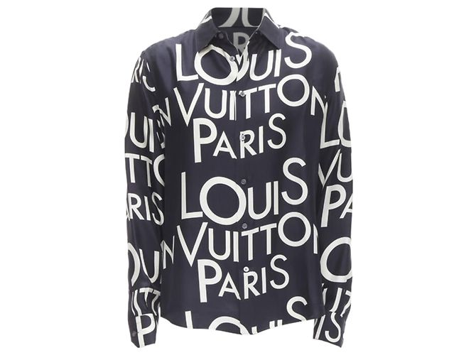 Camicia in seta 100% LOUIS VUITTON VIRGIL ABLOH con logo tipografico blu navy e bianco