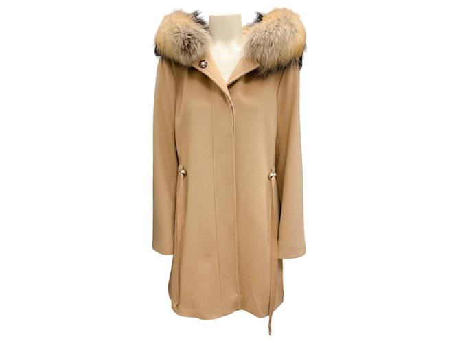 Autre Marque Fleurette Camel Raccoon Fur Trimmed Hooded Wool Coat  ref.1669207